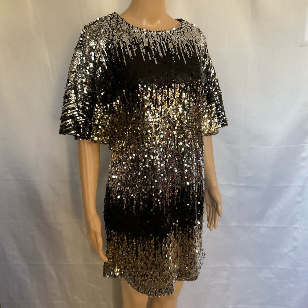 Nicole Miller New York Sequin Batwing Mini Dress Black Silver Gold Small